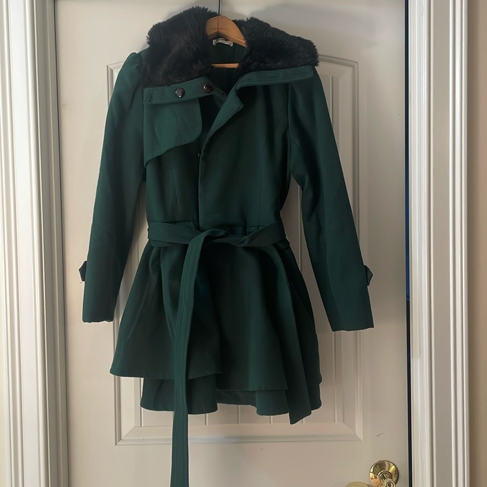Dark Green Fur Neck Peacoat